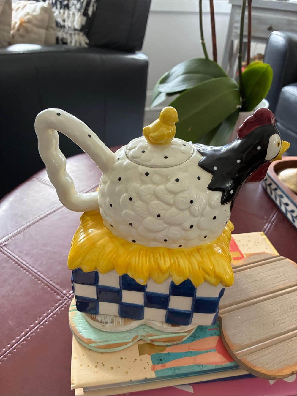 White and Blue Polka Dot Hen Teapot with Yellow Accents - Decorative Home Art